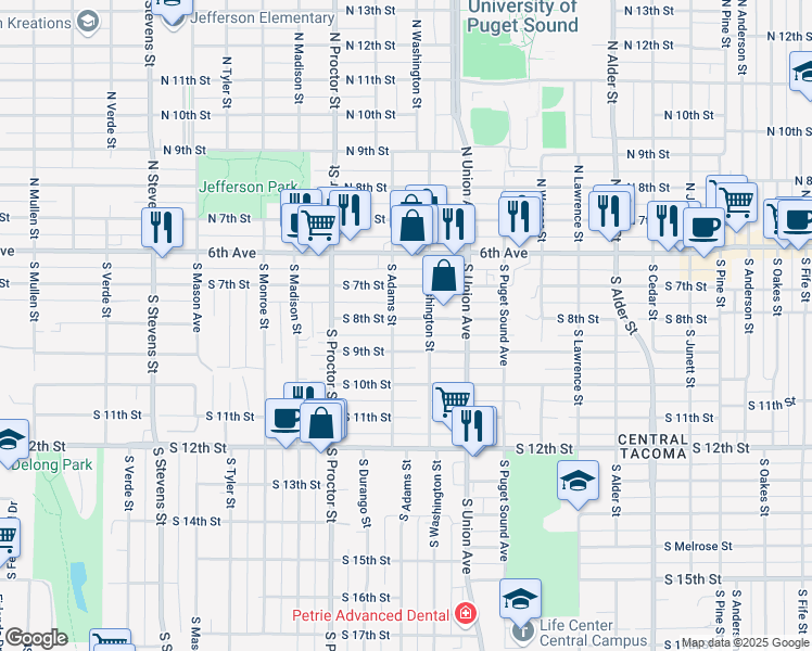 map of restaurants, bars, coffee shops, grocery stores, and more near 3716 South 8th Street in Tacoma