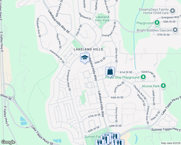 map of restaurants, bars, coffee shops, grocery stores, and more near 5922 Lindsay Avenue Southeast in Auburn