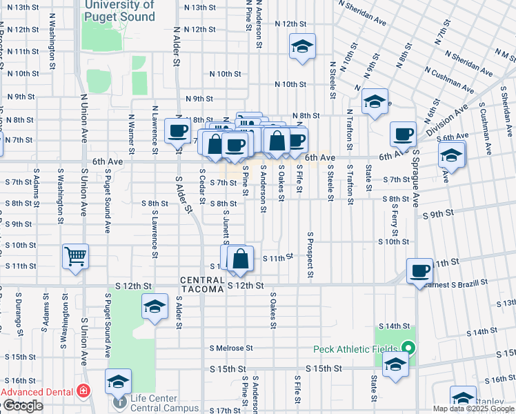 map of restaurants, bars, coffee shops, grocery stores, and more near 817 South Pine Street in Tacoma