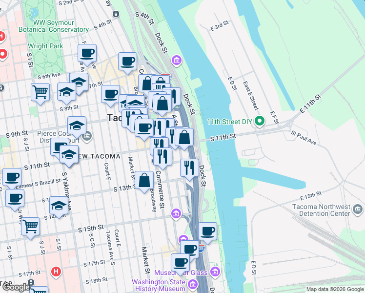 map of restaurants, bars, coffee shops, grocery stores, and more near 1102 A Street in Tacoma