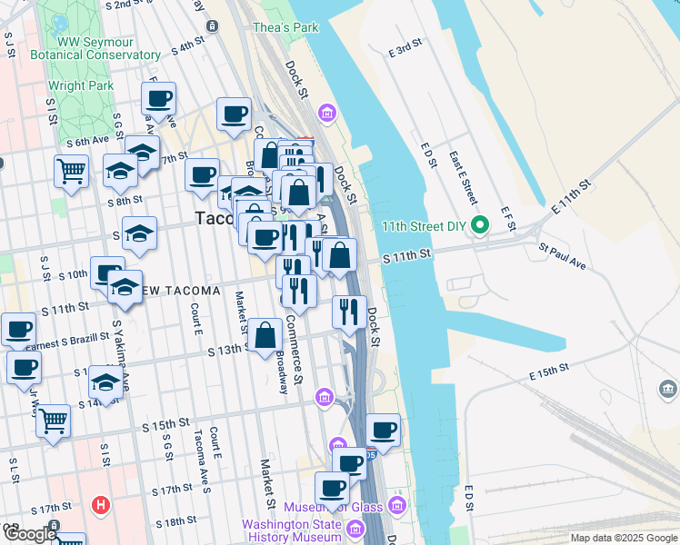 map of restaurants, bars, coffee shops, grocery stores, and more near 1120 East Cliff Avenue in Tacoma