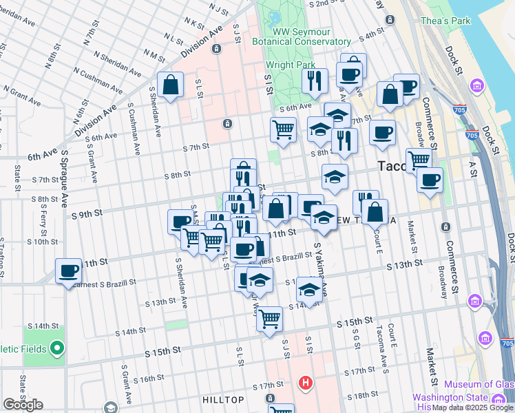 map of restaurants, bars, coffee shops, grocery stores, and more near 1002 South 10th Street in Tacoma