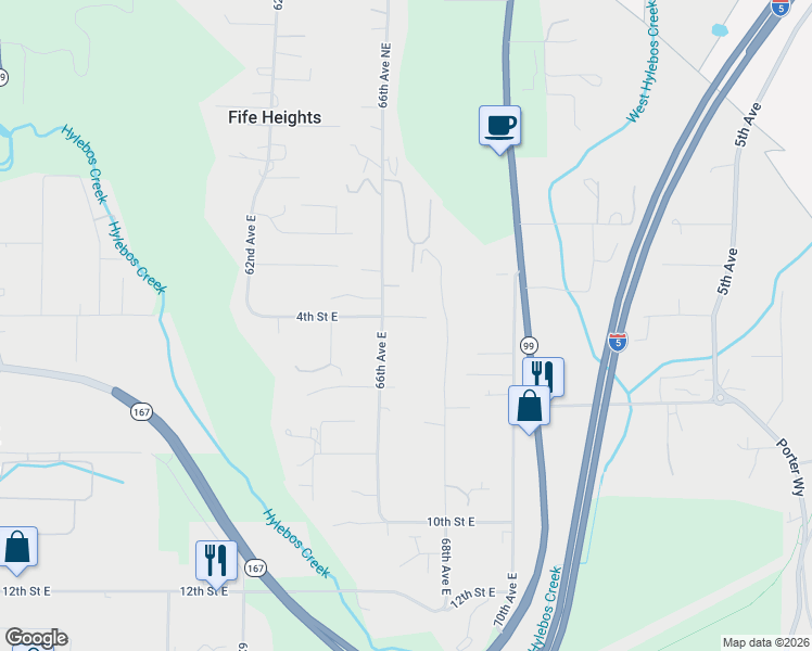 map of restaurants, bars, coffee shops, grocery stores, and more near 6610 4th Street East in Tacoma