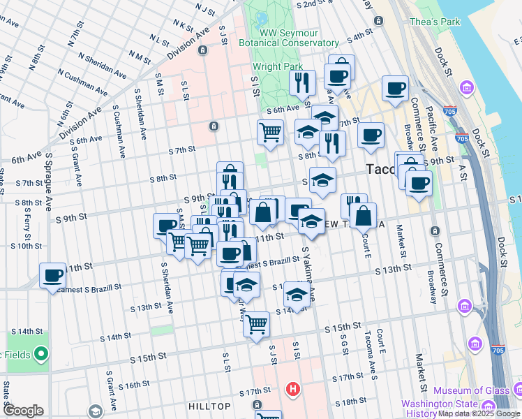 map of restaurants, bars, coffee shops, grocery stores, and more near 1008 South I Street in Tacoma