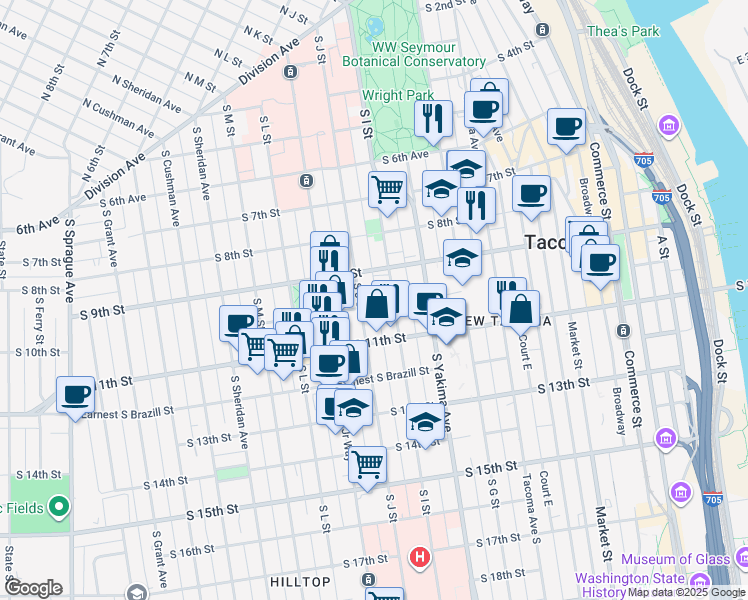 map of restaurants, bars, coffee shops, grocery stores, and more near 1008 South I Street in Tacoma