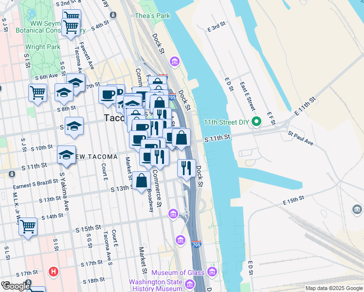 map of restaurants, bars, coffee shops, grocery stores, and more near 1101 A Street in Tacoma