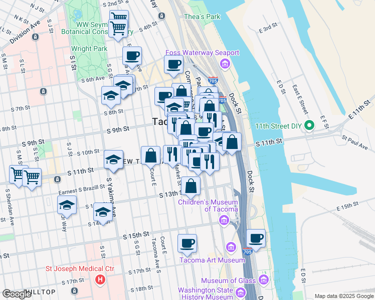 map of restaurants, bars, coffee shops, grocery stores, and more near 1102 Broadway in Tacoma