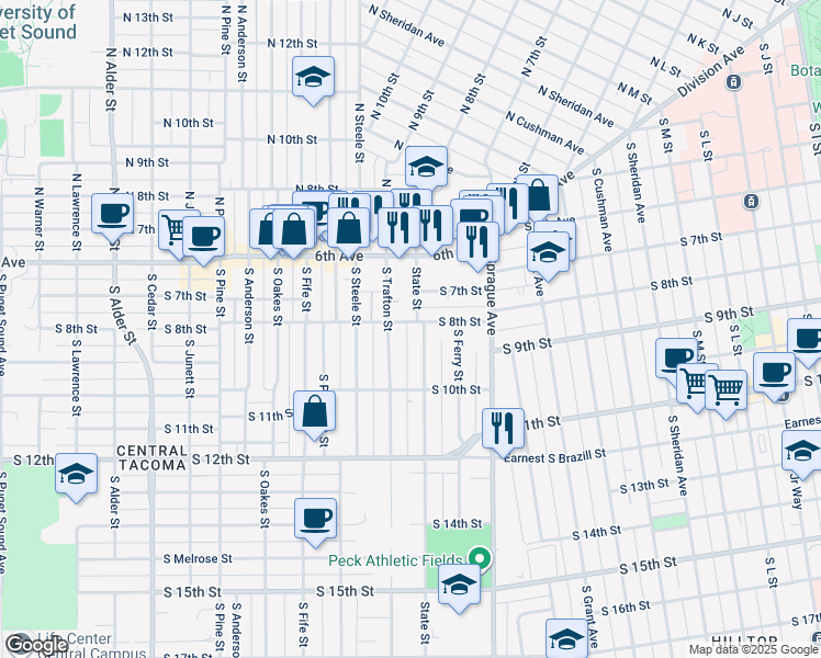 map of restaurants, bars, coffee shops, grocery stores, and more near 820 South State Street in Tacoma