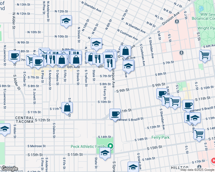 map of restaurants, bars, coffee shops, grocery stores, and more near 2018 South 8th Street in Tacoma