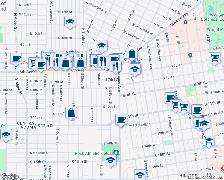 map of restaurants, bars, coffee shops, grocery stores, and more near 820 South Ferry Street in Tacoma