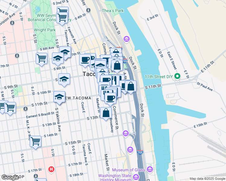 map of restaurants, bars, coffee shops, grocery stores, and more near 1102 Pacific Avenue in Tacoma