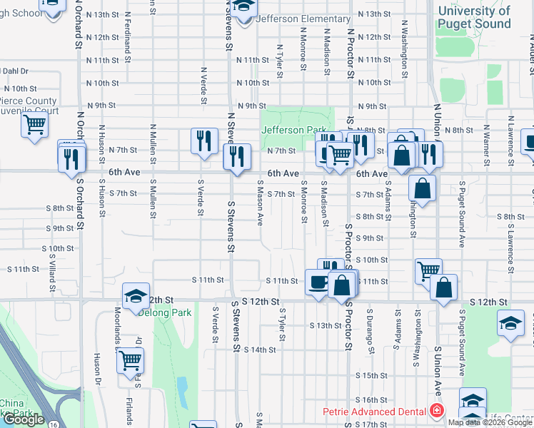 map of restaurants, bars, coffee shops, grocery stores, and more near 802 South Mason Avenue in Tacoma
