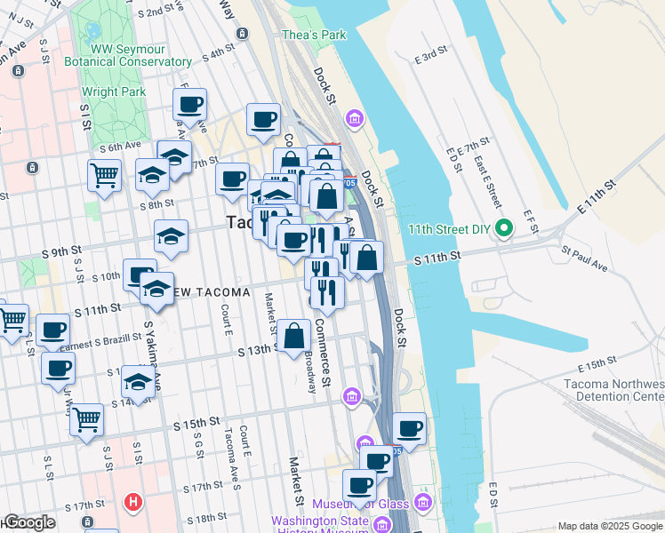 map of restaurants, bars, coffee shops, grocery stores, and more near 1019 Pacific Avenue in Tacoma