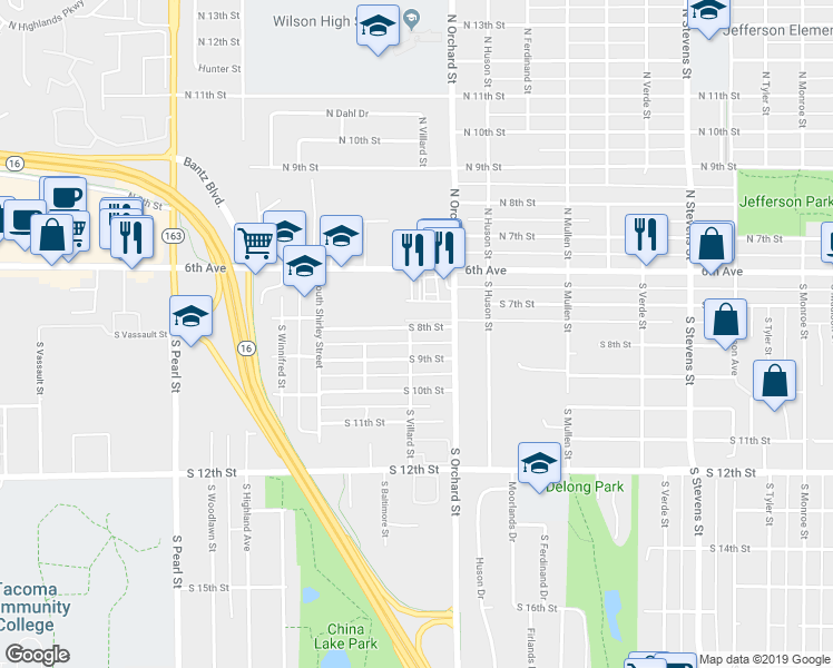 map of restaurants, bars, coffee shops, grocery stores, and more near 5126 South 8th Street in Tacoma