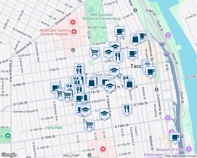 map of restaurants, bars, coffee shops, grocery stores, and more near 921 South I Street in Tacoma