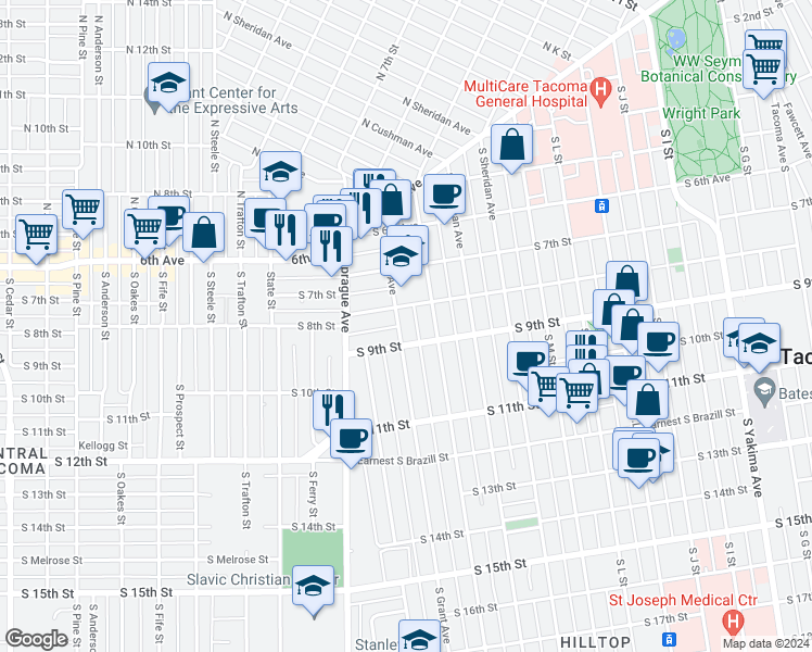 map of restaurants, bars, coffee shops, grocery stores, and more near 813 South Grant Avenue in Tacoma