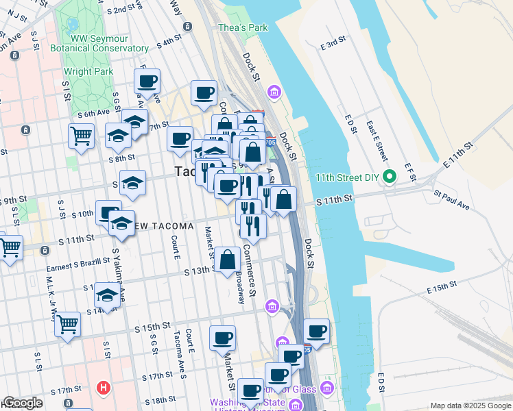 map of restaurants, bars, coffee shops, grocery stores, and more near in Tacoma