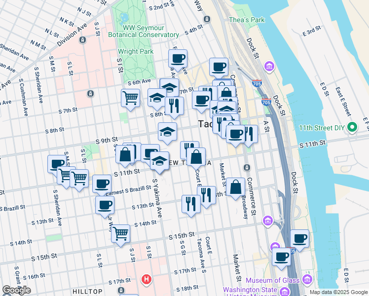 map of restaurants, bars, coffee shops, grocery stores, and more near in Tacoma