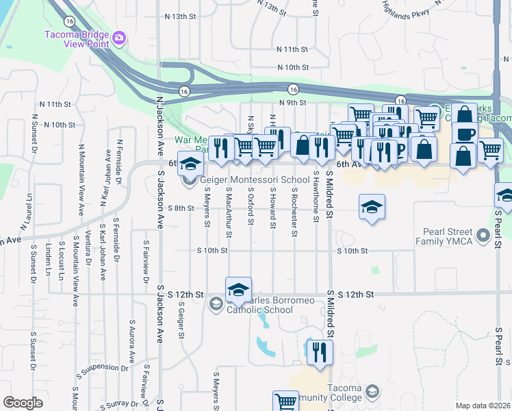 map of restaurants, bars, coffee shops, grocery stores, and more near 647 South Oxford Street in Tacoma