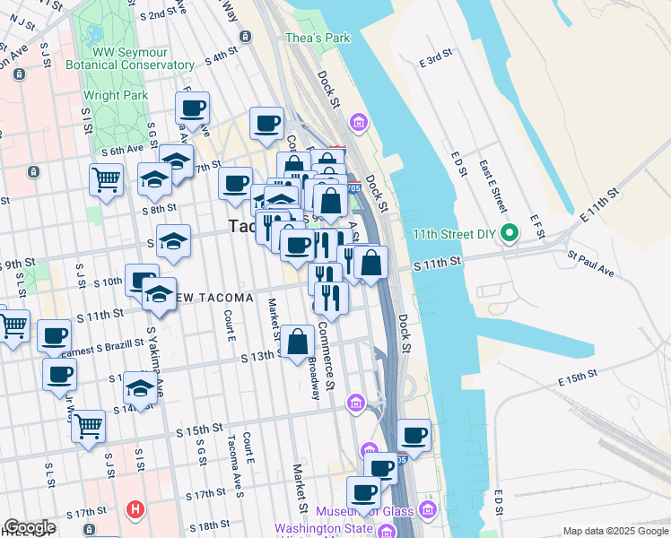 map of restaurants, bars, coffee shops, grocery stores, and more near 1019 Pacific Avenue in Tacoma