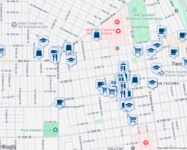 map of restaurants, bars, coffee shops, grocery stores, and more near 1405 South 9th Street in Tacoma