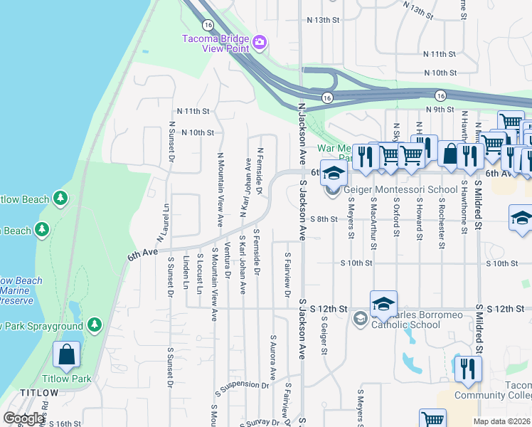 map of restaurants, bars, coffee shops, grocery stores, and more near 6th Avenue in Tacoma