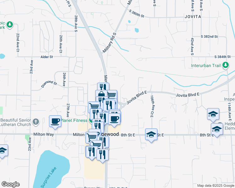 map of restaurants, bars, coffee shops, grocery stores, and more near 207 Meridian Avenue East in Edgewood