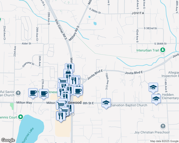 map of restaurants, bars, coffee shops, grocery stores, and more near 219 105th Avenue East in Edgewood