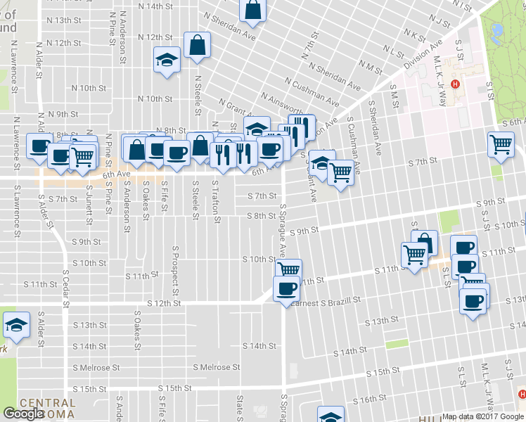 map of restaurants, bars, coffee shops, grocery stores, and more near 2028 South 7th Street in Tacoma