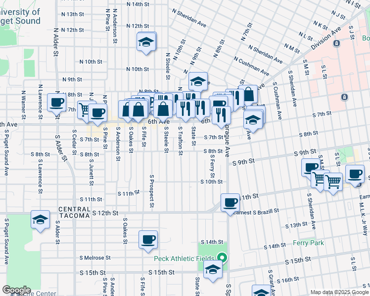 map of restaurants, bars, coffee shops, grocery stores, and more near 624 South State Street in Tacoma