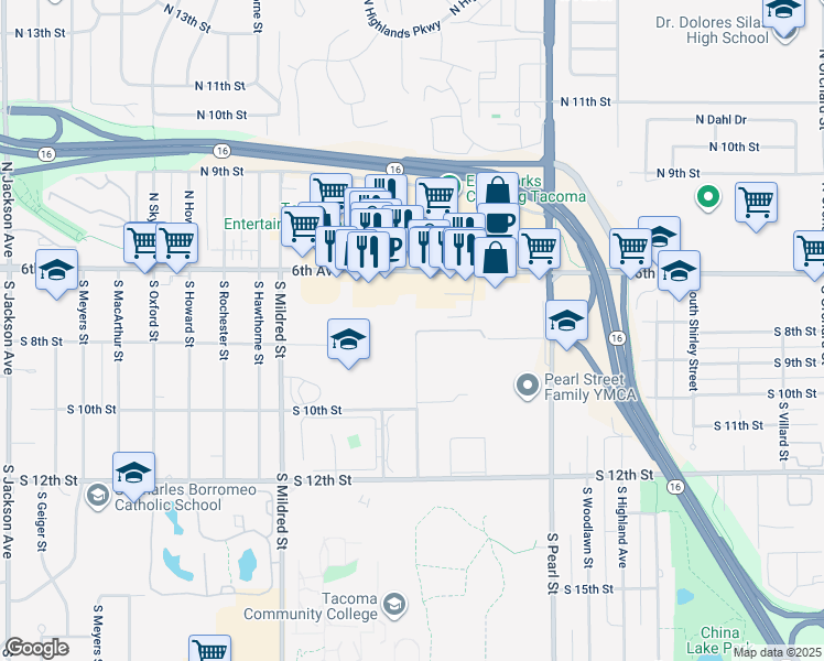 map of restaurants, bars, coffee shops, grocery stores, and more near 6306 6th Avenue in Tacoma