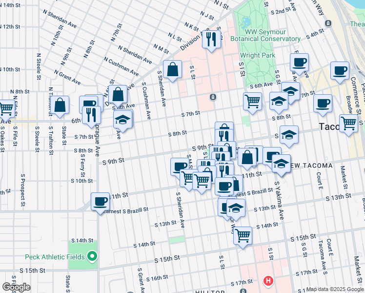 map of restaurants, bars, coffee shops, grocery stores, and more near 806 South M Street in Tacoma