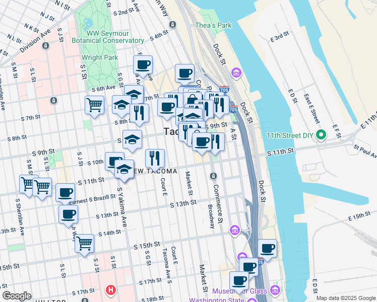 map of restaurants, bars, coffee shops, grocery stores, and more near 910 Market Street in Tacoma
