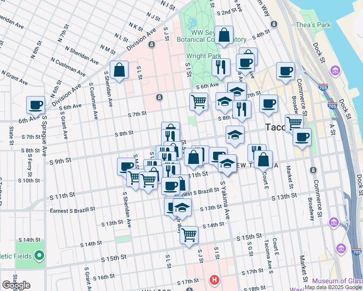 map of restaurants, bars, coffee shops, grocery stores, and more near 820 South J Street in Tacoma