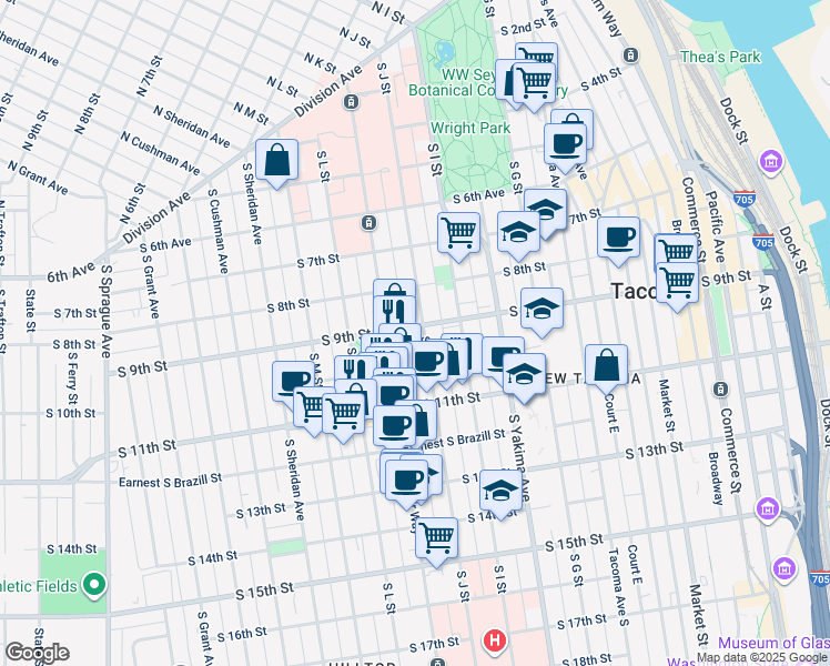 map of restaurants, bars, coffee shops, grocery stores, and more near 820 South J Street in Tacoma