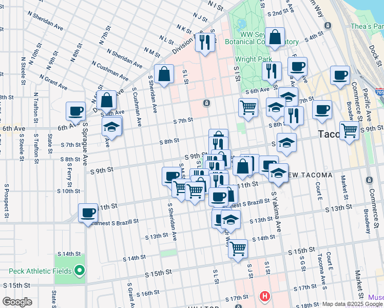 map of restaurants, bars, coffee shops, grocery stores, and more near 808 South L Street in Tacoma