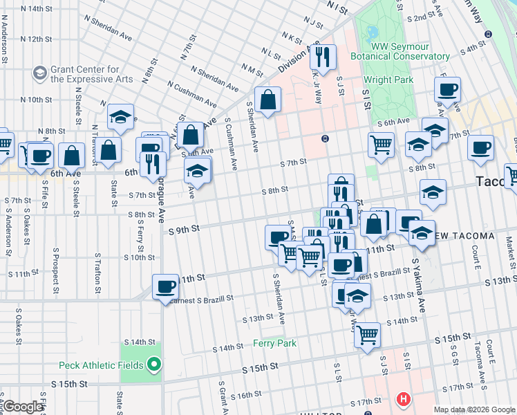 map of restaurants, bars, coffee shops, grocery stores, and more near 1402 South 8th Street in Tacoma