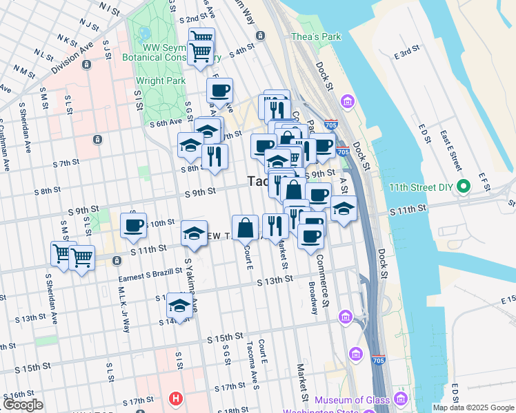 map of restaurants, bars, coffee shops, grocery stores, and more near 919 Fawcett Avenue in Tacoma
