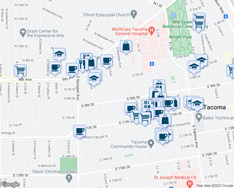 map of restaurants, bars, coffee shops, grocery stores, and more near 811 South Cushman Avenue in Tacoma