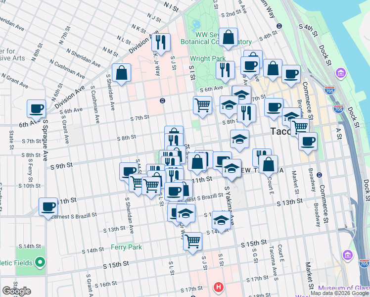 map of restaurants, bars, coffee shops, grocery stores, and more near 820 South J Street in Tacoma