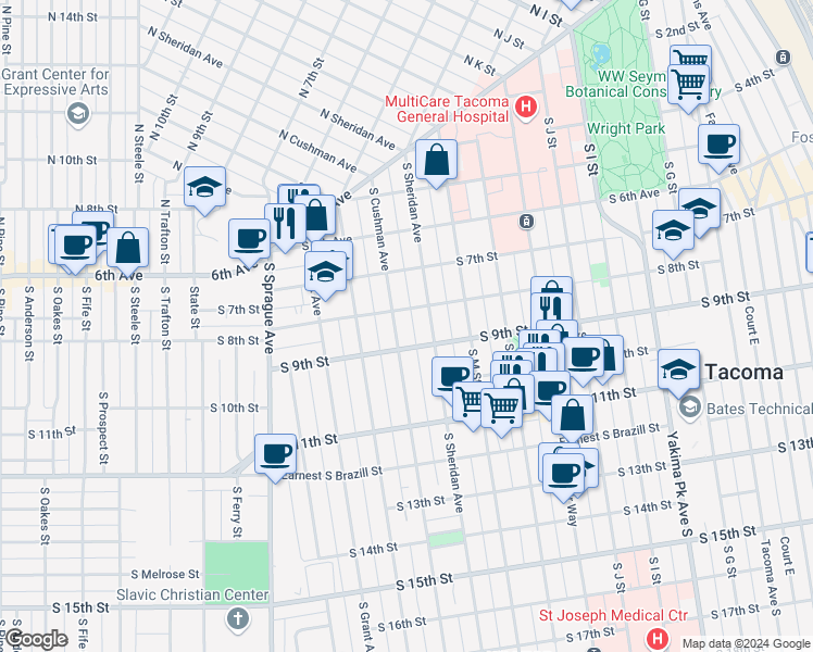 map of restaurants, bars, coffee shops, grocery stores, and more near 1402 South 8th Street in Tacoma