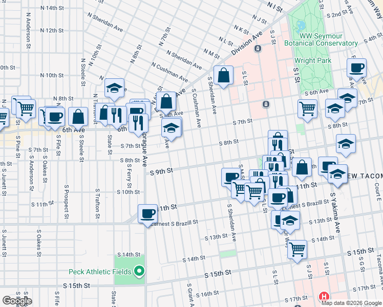 map of restaurants, bars, coffee shops, grocery stores, and more near 724 South Cushman Avenue in Tacoma