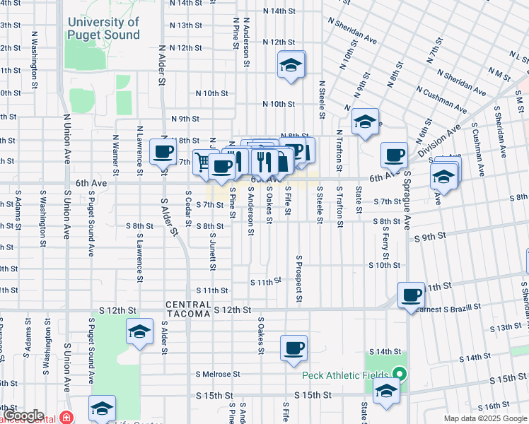 map of restaurants, bars, coffee shops, grocery stores, and more near 2715 South 7th Street in Tacoma