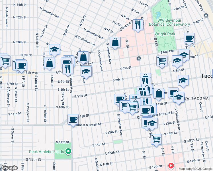 map of restaurants, bars, coffee shops, grocery stores, and more near 1402 South 8th Street in Tacoma