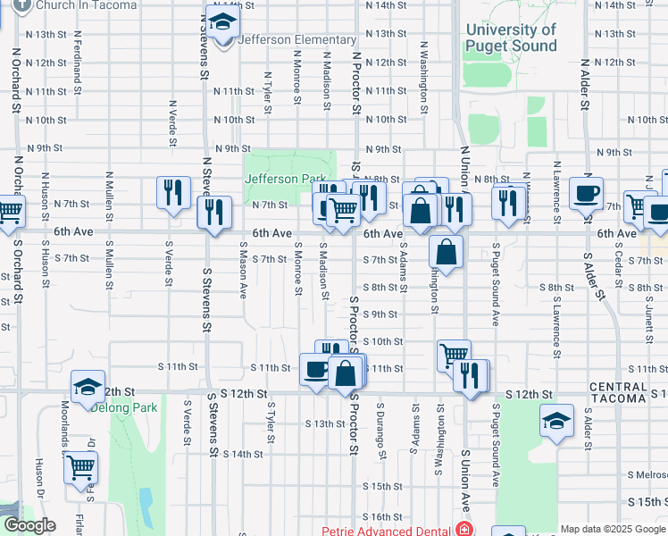 map of restaurants, bars, coffee shops, grocery stores, and more near 3921 South 7th Street in Tacoma