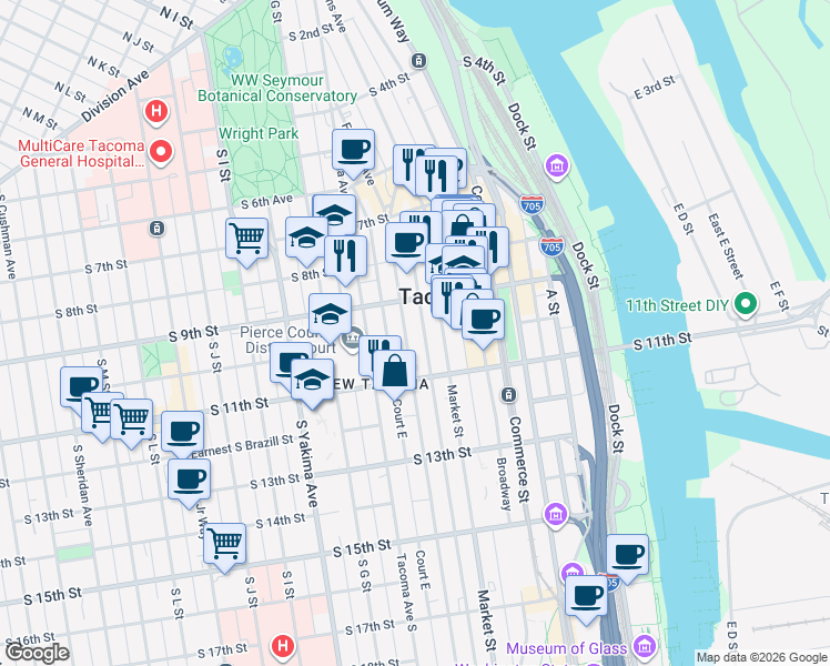 map of restaurants, bars, coffee shops, grocery stores, and more near 919 Fawcett Avenue in Tacoma
