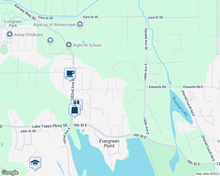 map of restaurants, bars, coffee shops, grocery stores, and more near 316 186th Avenue Court East in Lake Tapps