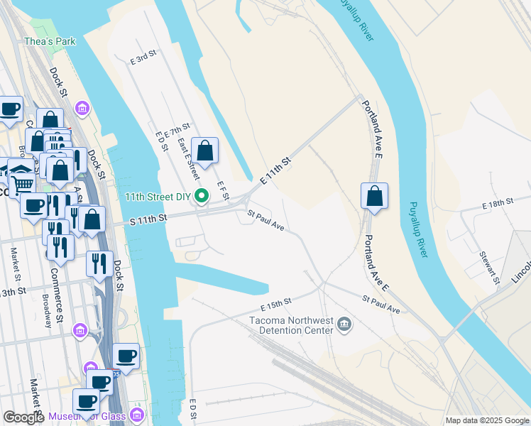 map of restaurants, bars, coffee shops, grocery stores, and more near 1129 Saint Paul Avenue in Tacoma