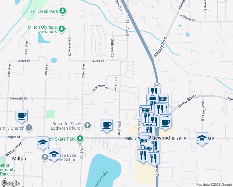 map of restaurants, bars, coffee shops, grocery stores, and more near 408 26th Avenue Place in Milton
