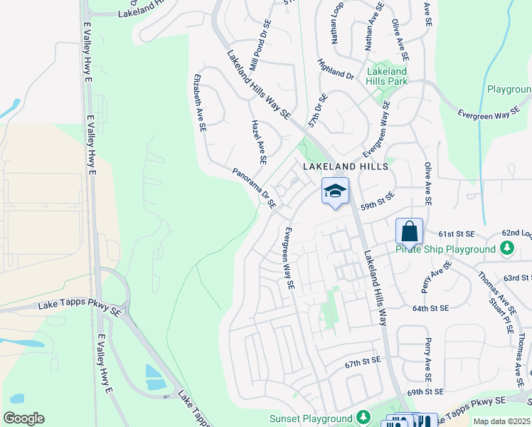 map of restaurants, bars, coffee shops, grocery stores, and more near 6011 Montevista Drive Southeast in Auburn